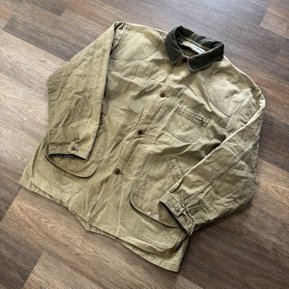 VTG LL Bean Chore Barn Coat Tan Canvas Corduroy Collar Distressed Grunge - Picture 1 of 11